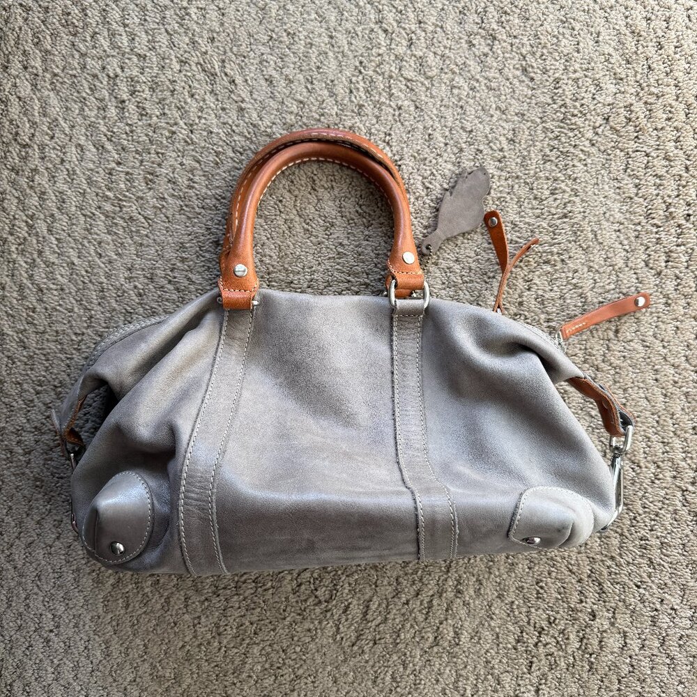 Roots Gray Leather Satchel Bag Brown Leather Handles Slouchy Tote Shoulder Bag